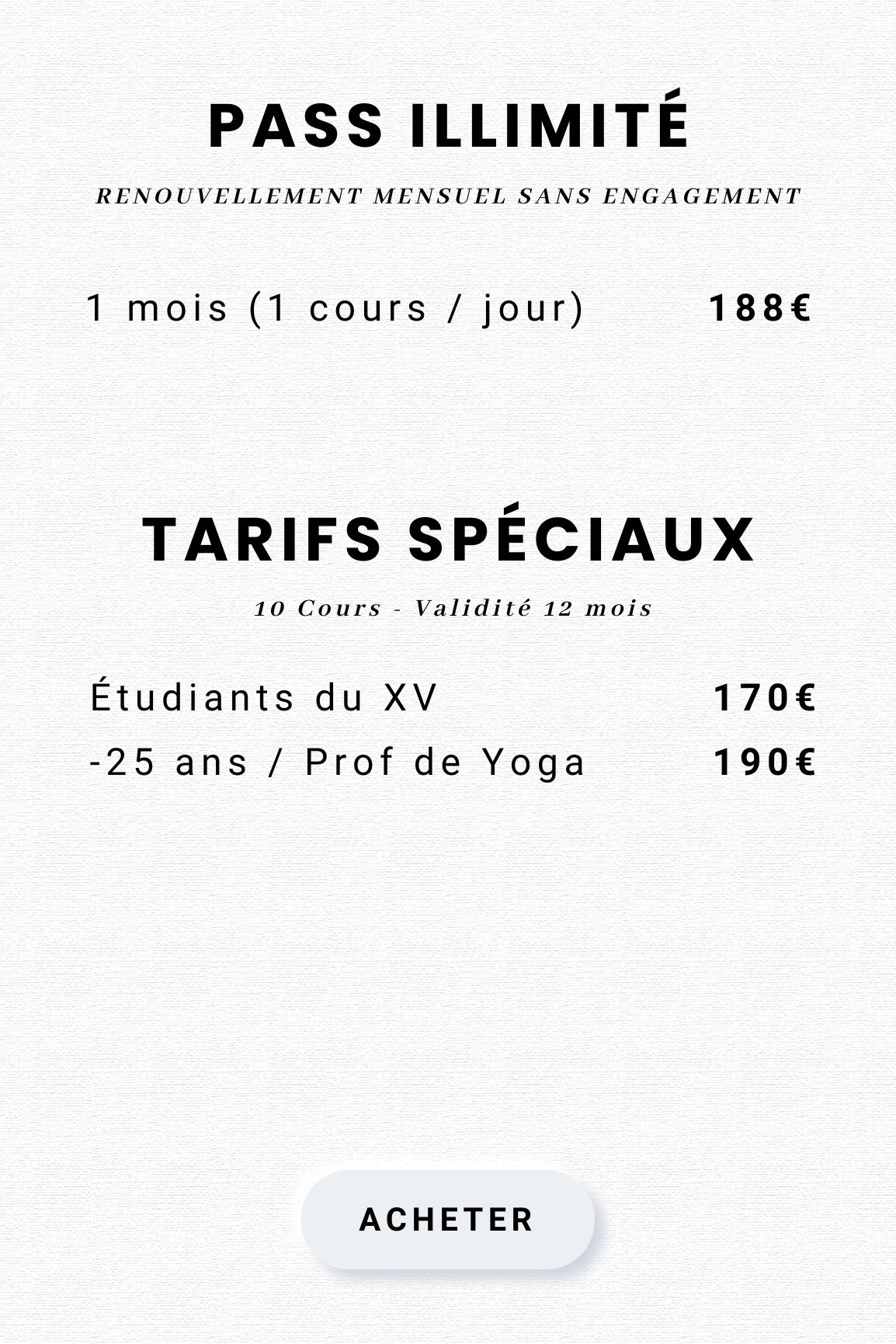Abonnement mensuel, pass illimité & tarif yoga étudiant 2024 à l'académie de Yoga Paris 15