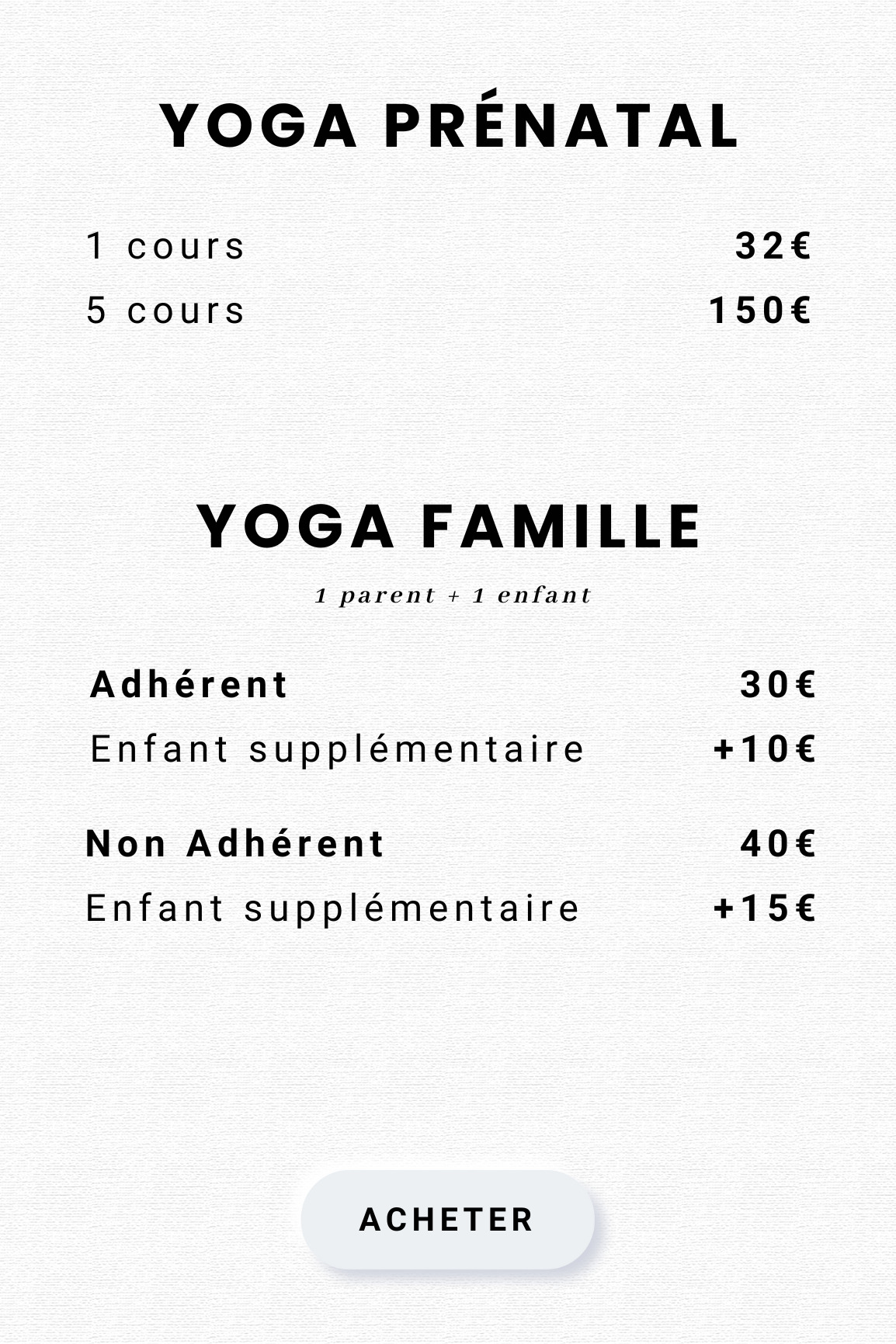 Présentation des nouveaux tarifs 2024 à l'académie de Yoga Paris 15 pour le Yoga Prénatal et Yoga Enfant