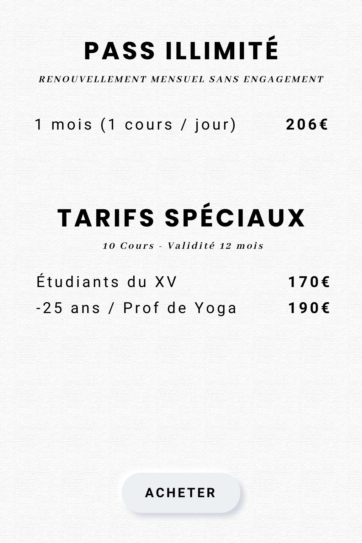Abonnement mensuel, pass illimité & tarif yoga étudiant 2024 à l'académie de Yoga Paris 15